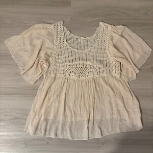 ADIVA Boho Crochet Lace Tunic Top Cream 3X Flutter Sleeve Gauzy